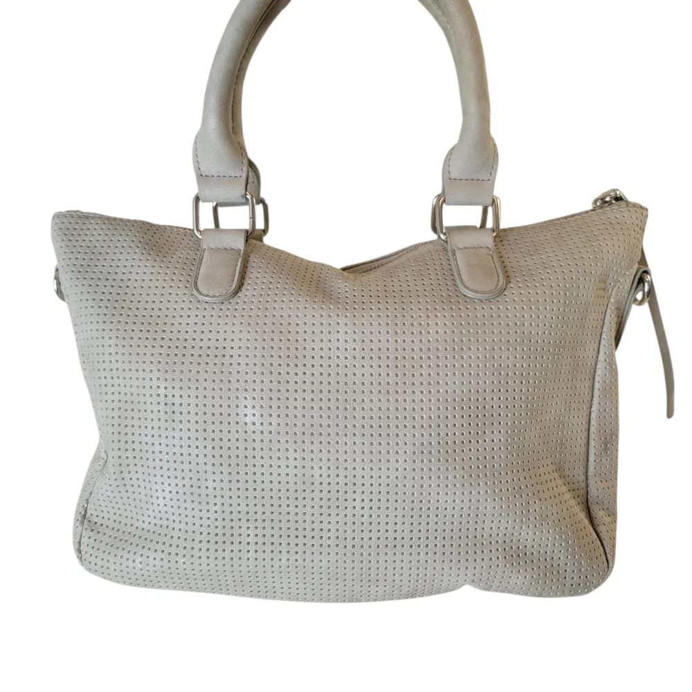 She + Lo Hobo Bag Gray Cutout Pattern Studded Faux Leather Missing Strap EUC